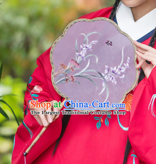 China Embroidered Orchids Fan Ancient Noble Lady Palace Fan Traditional Hanfu Lilac Silk Fans
