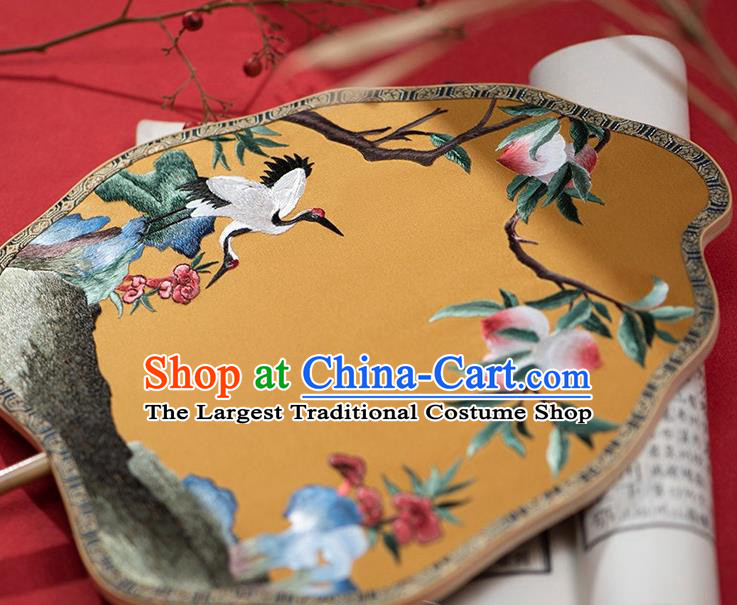 China Ancient Empress Palace Fan Traditional Hanfu Yellow Silk Fans Embroidered Peach Crane Fan
