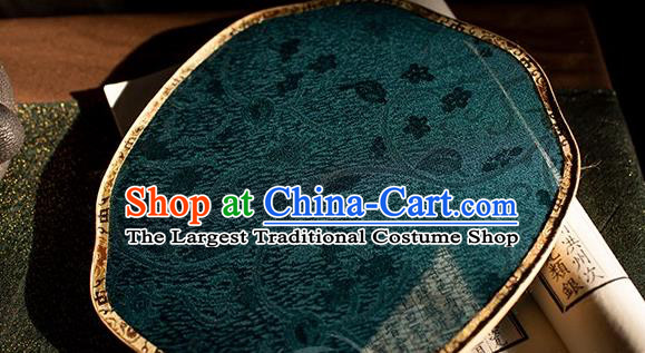 China Handmade Song Dynasty Hanfu Bamboo Circular Fan Traditional Peacock Blue Silk Palace Fan