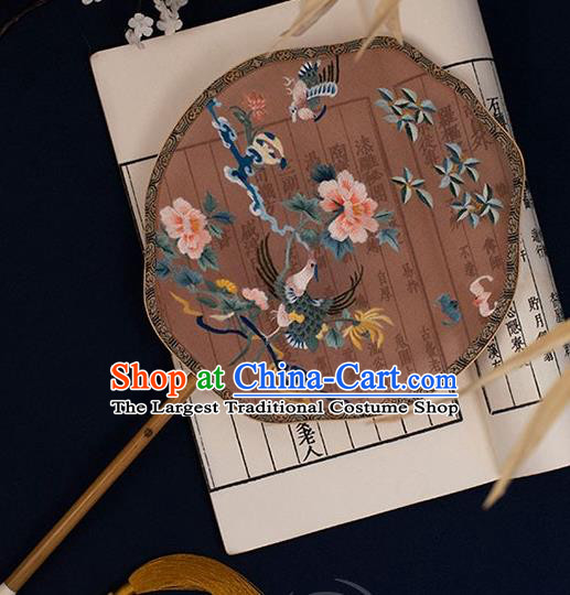 China Handmade Embroidered Phoenix Peony Palace Fan Classical Hanfu Bamboo Fan Traditional Wedding Silk Fan