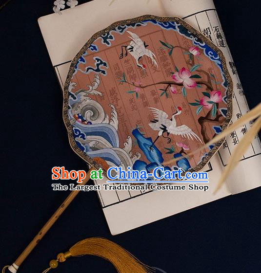 China Traditional Wedding Silk Fan Handmade Embroidered Crane Peach Palace Fan Classical Hanfu Bamboo Fan