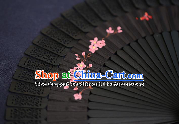 China Folding Fan Classical Fans Printing Flowers Black Fan Traditional Sandalwood Accordion