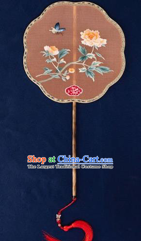 China Princess Mottled Bamboo Fan Hanfu Handmade Embroidered Peony Palace Fan Traditional Wedding Orange Silk Fan