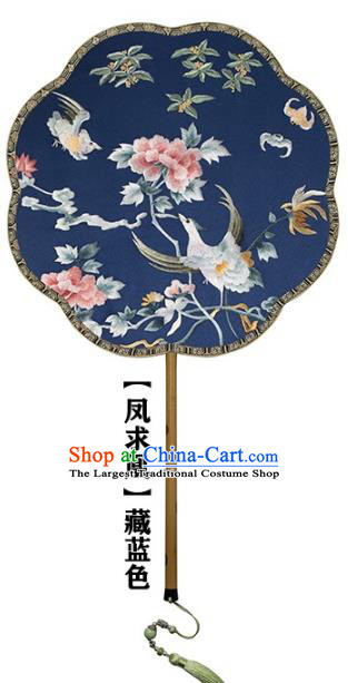China Handmade Embroidered Phoenix Peony Palace Fan Princess Mottled Bamboo Fan Traditional Hanfu Blue Silk Fan