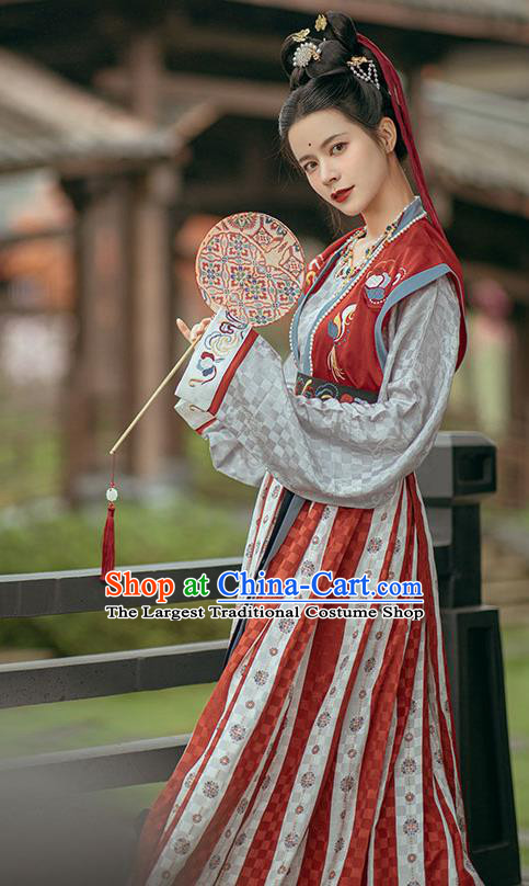 Traditional China Ancient Palace Lady Embroidered Red Hanfu Dress Tang Dynasty Young Beauty Historical Clothing
