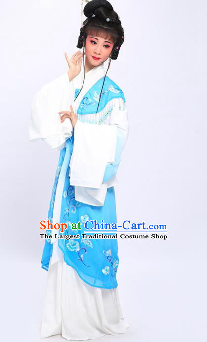China Huangmei Opera Young Beauty Garment Costumes Traditional Peking Opera Hua Tan Blue Dress Clothing and Hair Accessories