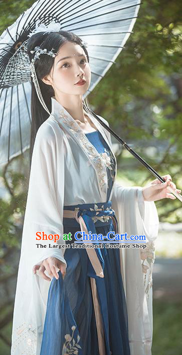 Chinese Traditional Deep Blue Runqun Hanfu Dress Tang Dynasty Beauty Garment Costumes Ancient Young Lady Clothing Set