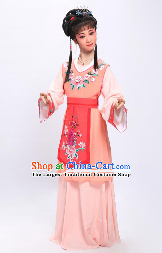 China Traditional Yue Opera Young Lady Garment Costumes Shaoxing Opera Servant Girl Light Orange Dress Clothing and Headpieces