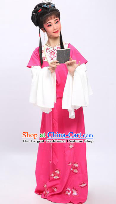 China Shaoxing Opera Xiaodan Embroidered Rosy Dress Clothing Traditional Yue Opera Maidservant Hong Niang Garment Costumes and Hair Jewelry