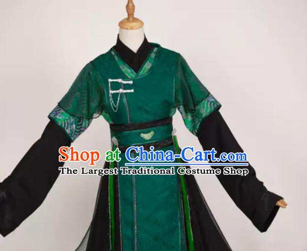 China Ancient Prince Garment Costumes Traditional Hanfu Clothing Cosplay Swordsman Qi Rong Deep Green Apparels