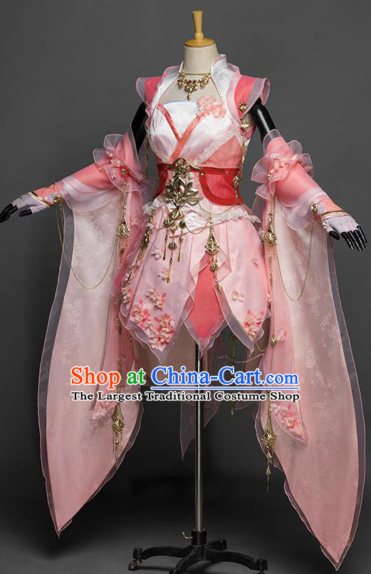 China Ancient Princess Garment Costumes Game Jian Xia Qing Yuan Young Lady Clothing Cosplay Fairy Pink Short Dress