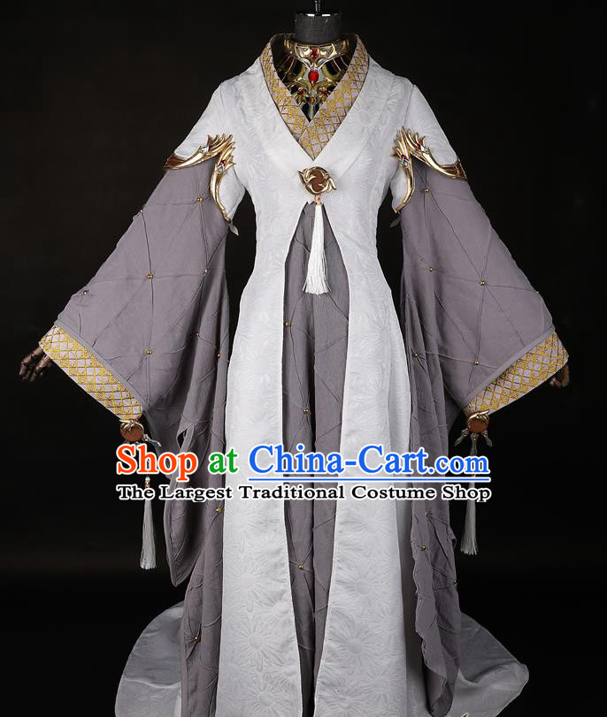 China Traditional Swords of Legends Princess Grey Dress Apparels Ancient Imperial Concubine Clothing Cosplay Swordswoman Garment Costumes