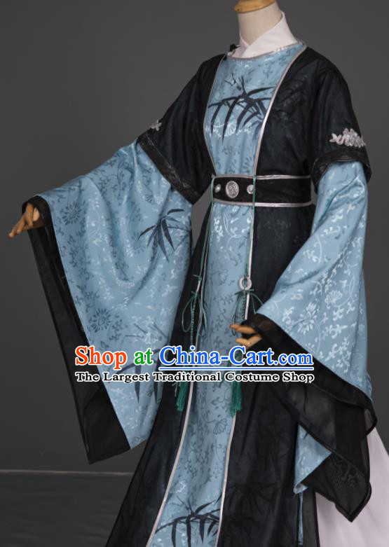 China Ancient Scholar Clothing Cosplay Tang Dynasty Du Fu Garment Costumes Traditional Hanfu Blue Robe Apparels