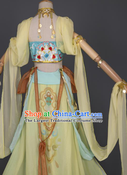 China Traditional Hanfu Dance Yellow Chiffon Apparels Ancient Fairy Clothing Cosplay Goddess Garment Costumes