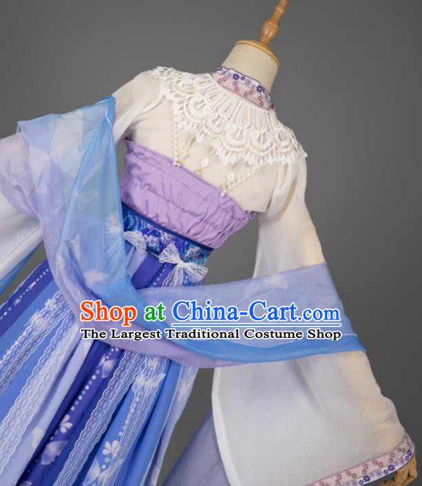 China Traditional Hanfu Fairy Apparels Ancient Princess Blue Wisteria Dress Clothing Cosplay Goddess Garment Costumes