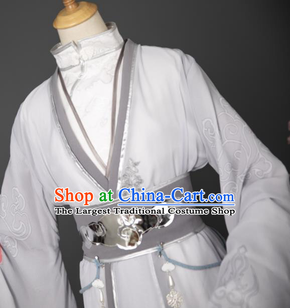 China Cosplay Prince Garment Costumes Traditional Hanfu Apparels Ancient Swordsman White Printing Clothing