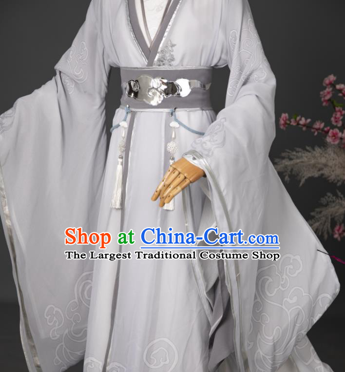 China Cosplay Prince Garment Costumes Traditional Hanfu Apparels Ancient Swordsman White Printing Clothing
