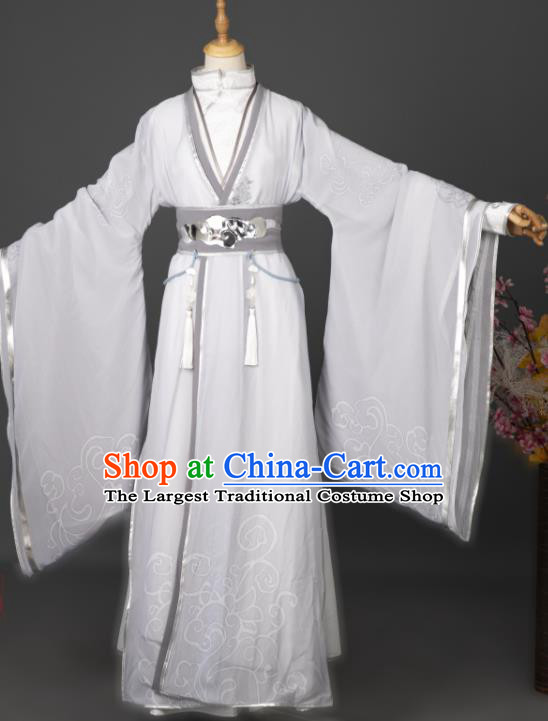 China Cosplay Prince Garment Costumes Traditional Hanfu Apparels Ancient Swordsman White Printing Clothing