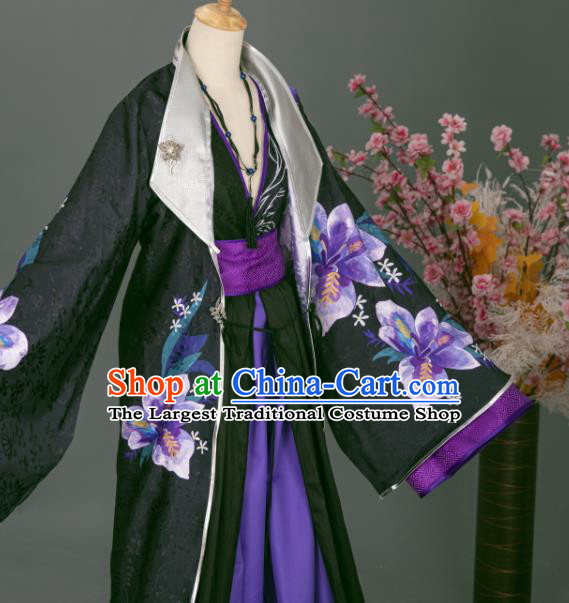 China Ancient Swordsman Printing Black Clothing Cosplay Noble Childe Garment Costumes Traditional Xian Xia Chief Hanfu Apparels