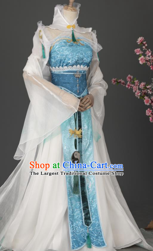 China Cosplay Fairy Garment Costumes Traditional Xian Xia Blue Hanfu Dress Apparels Ancient Princess Clothing