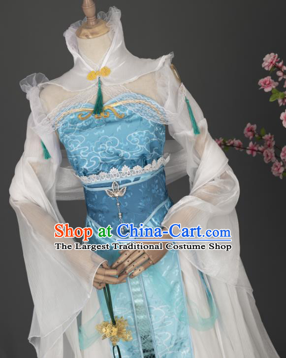 China Cosplay Fairy Garment Costumes Traditional Xian Xia Blue Hanfu Dress Apparels Ancient Princess Clothing