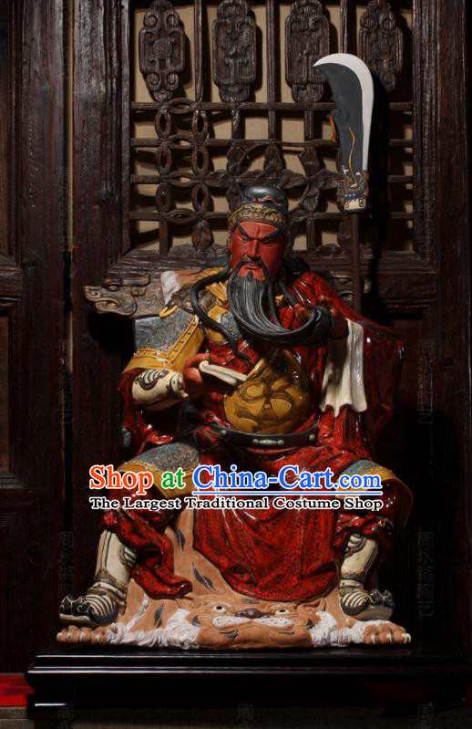 Chinese Handmade Guan Gong Night Reading Sculptures Shi Wan Ceramic Figurine Guan Yu Porcelain Statue Arts