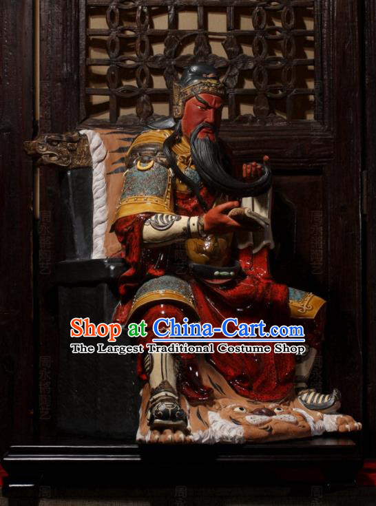 Chinese Handmade Guan Gong Night Reading Sculptures Shi Wan Ceramic Figurine Guan Yu Porcelain Status Arts