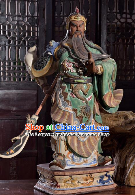 Chinese Shi Wan Ceramic Figurine Green Robe Guan Yu Porcelain Statue Arts Handmade Guan Gong Blade Sculptures