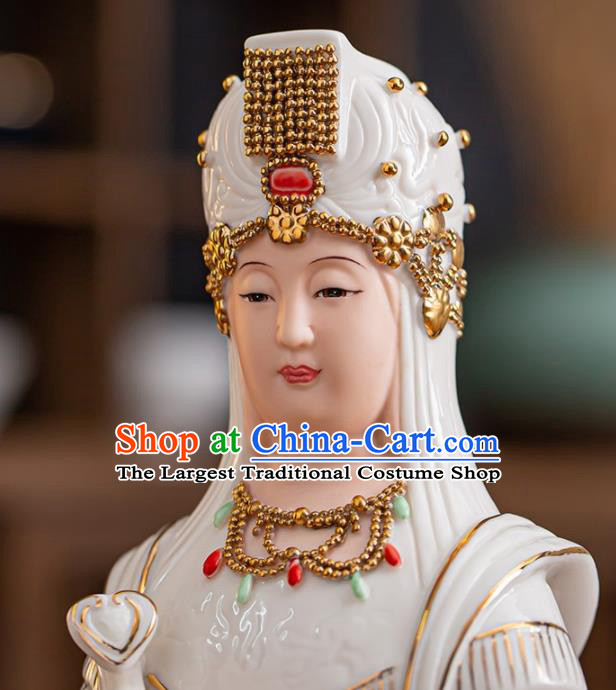 Handmade China White Ceramics Heaven Queen Statue Shi Wan Porcelain Figurine Craft Gold Drawing Goddess Ma Zu Statue