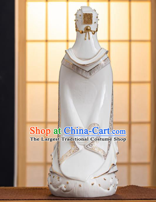 Handmade China White Ceramics Heaven Queen Statue Shi Wan Porcelain Figurine Craft Gold Drawing Goddess Ma Zu Statue