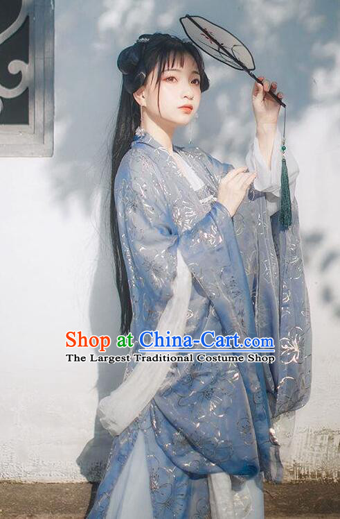 China Ancient Princess Blue Wide Sleeve Cape Traditional Hanfu Da Xiu Shan Overcoat for Women