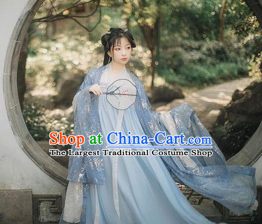 China Ancient Princess Blue Wide Sleeve Cape Traditional Hanfu Da Xiu Shan Overcoat for Women
