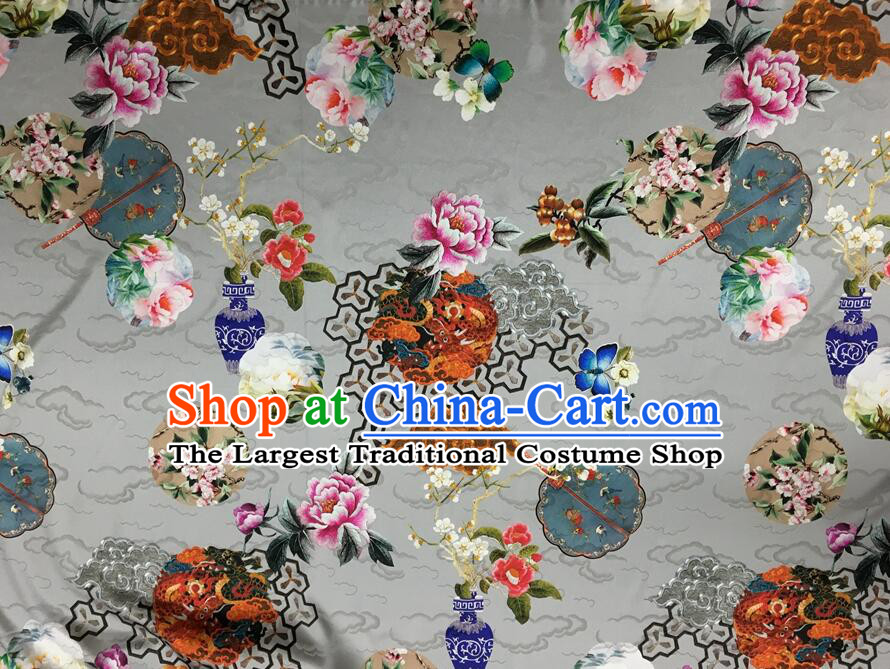 Asian Chinese Classical Dragon Peony Pattern White Brocade Satin Drapery Traditional Cheongsam Brocade Silk Fabric