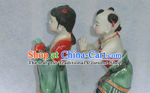 Chinese Shi Wan Ceramic Craft Long Lv Hong Hai Er Statues