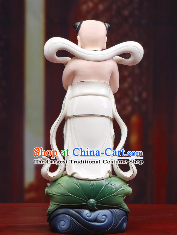 Chinese White Ceramic Shan Cai Tong Zi Craft Handmade Hong Hai Er Porcelain Statue