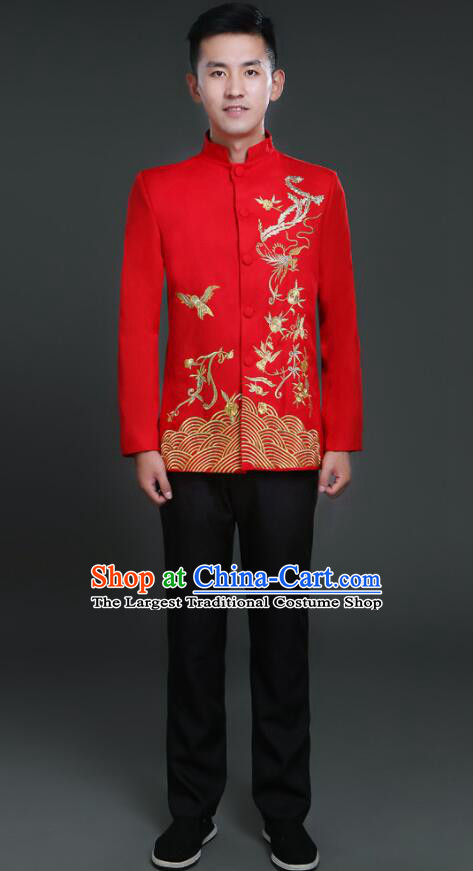 Chinese Zhongshan Clothing Tang Suits Traditional Wedding Suits Embroidered Phoenix Groom Costumes