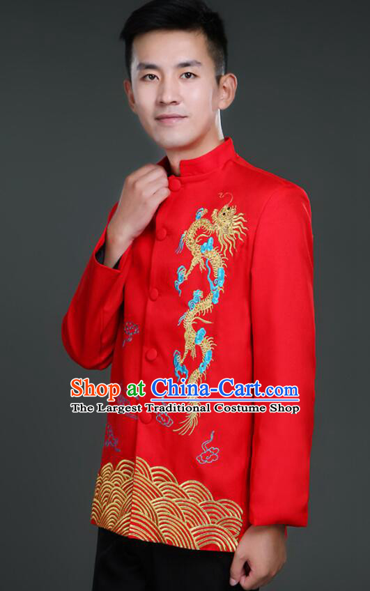 Chinese Embroidered Gragon Groom Costumes Zhongshan Clothing Tang Suits Traditional Wedding Suits