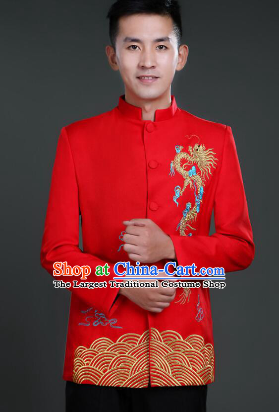Chinese Embroidered Gragon Groom Costumes Zhongshan Clothing Tang Suits Traditional Wedding Suits