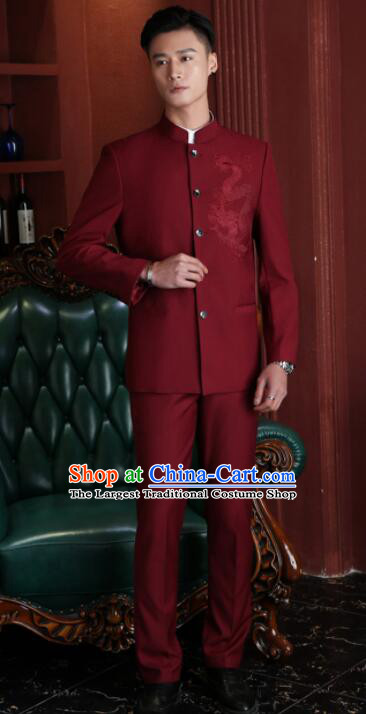 Chinese Traditional Wedding Suits Embroidered Gragon Groom Costumes Zhongshan Clothing Wine Red Tang Suits