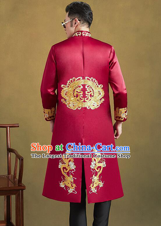 Chinese Embroidered Dragon Costumes Groom Long Mandarin Jacket Clothing Traditional Tang Zhuang Wedding Suits