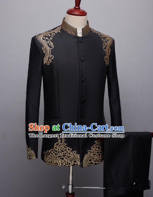 Chinese Wedding Suits Traditional Tang Zhuang Embroidered Costumes Groom Black Clothing