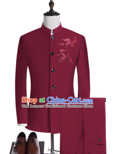Chinese Tang Zhuang Costumes Groom Wine Red Zhongshan Clothing Traditional Embroidered Phoenix Wedding Suits