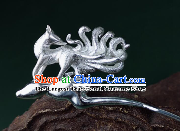 Handmade Chinese Traditional Silver Jewelry Hanfu Hair Accessories Ancient Nine Tails Fox Hair Pin