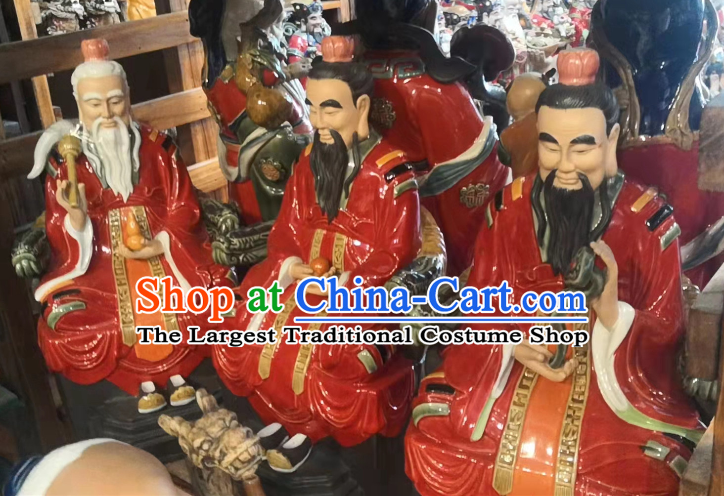 Chinese Shi Wan Ceramic Three Gods Figurine San Qing Porcelain Statues Handmade Arts