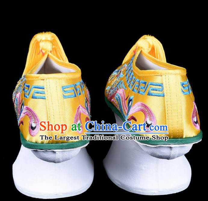 Chinese Qing Dynasty Empress Embroidery Phoenix Shoes Traditional Opera Yellow Satin Shoes Beijing Opera Diva Embroidered Shoes