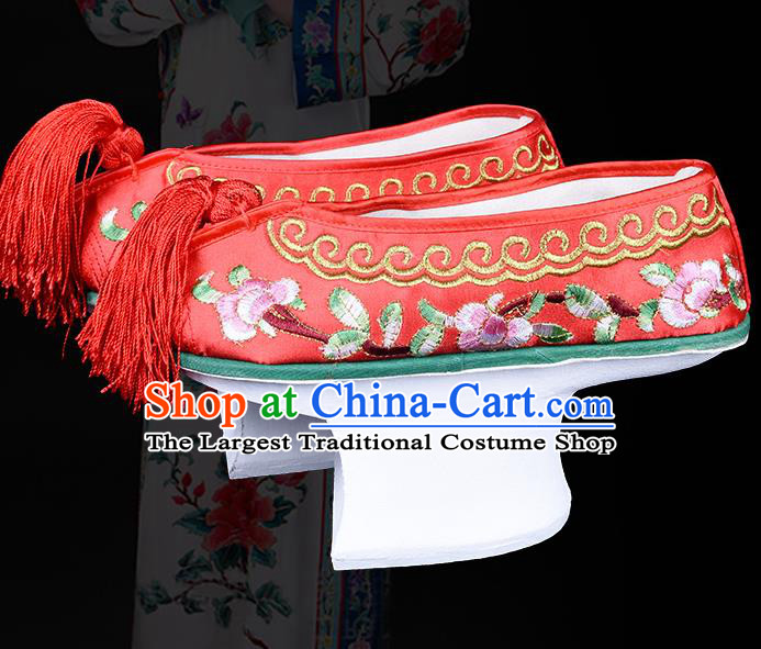 Chinese Beijing Opera Hua Tan Embroidered Shoes Qing Dynasty Princess Embroidery Shoes Traditional Opera Red Satin Shoes