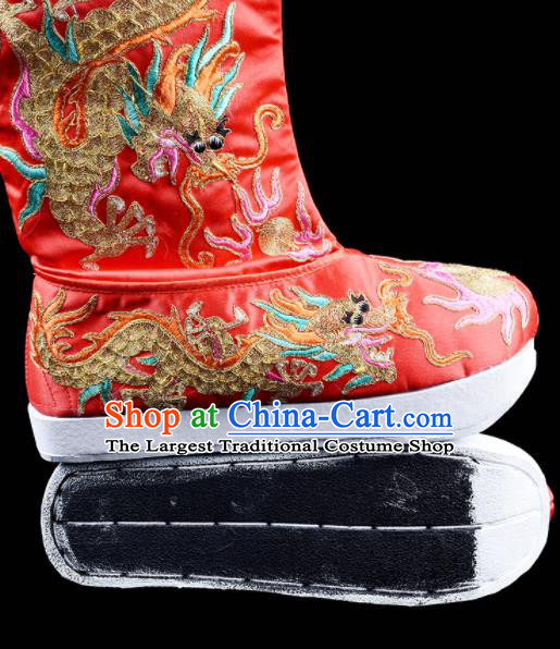Chinese Beijing Opera Red Embroidered Boots Sichuan Opera Face Changing Embroidery Shoes Traditional Bian Lian Dragon Boots