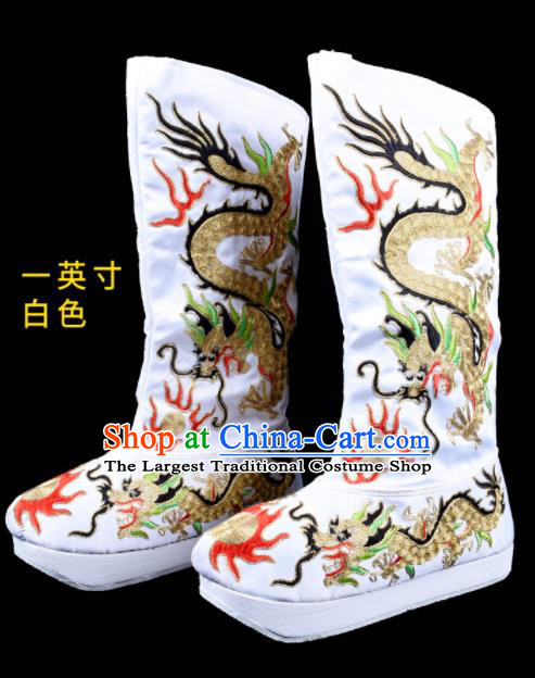 Chinese Traditional Bian Lian Dragon Boots Beijing Opera White Embroidered Boots Sichuan Opera Face Changing Embroidery Shoes