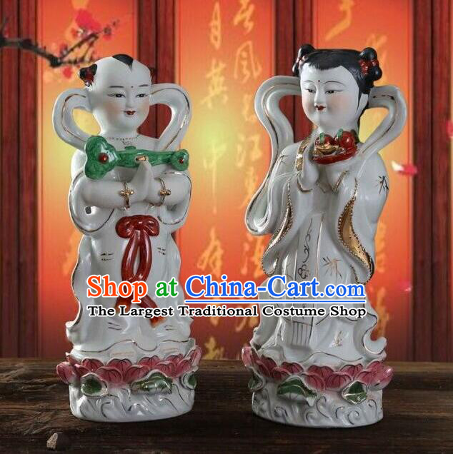 inches Chinese White Ceramic Long Nv Hong Hai Er Craft Handmade Dragon Girl and Golden Boy Porcelain Statues