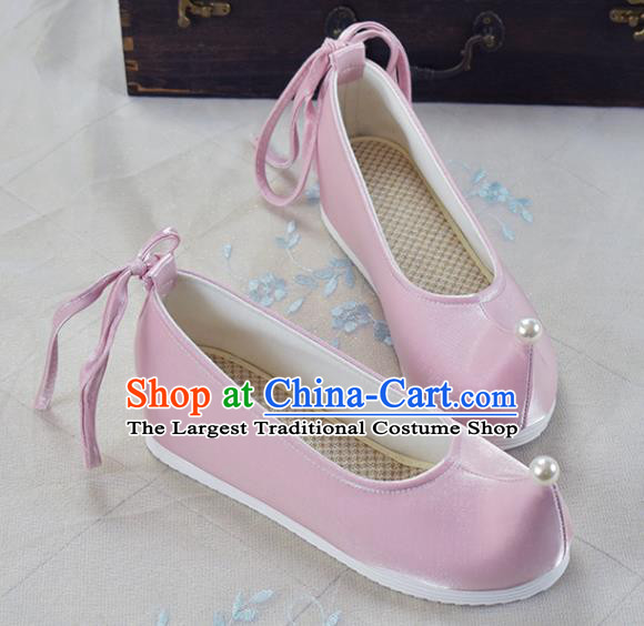 China Traditional Hanfu Shoes Ancient Princess Pink Shoes National Women Bow Shoes
